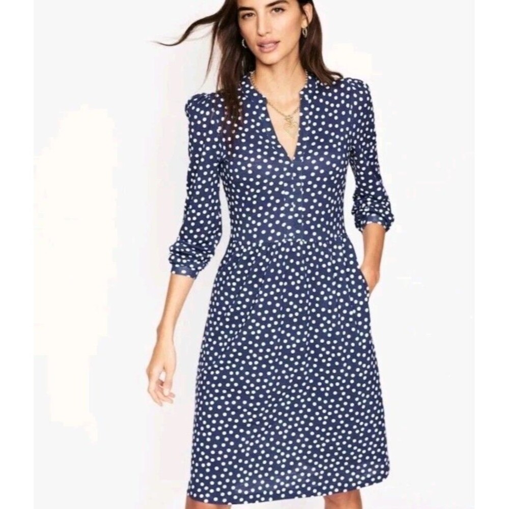 Boden US 8p Blue Naomi Jersey Polka Dot Dress Size Pockets Classy Office